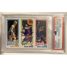 Item #0432 Larry Bird, Julius Erving, Magic Johnson Signed 1980 Topps Scoring Leader Card - PSA Auto 9!