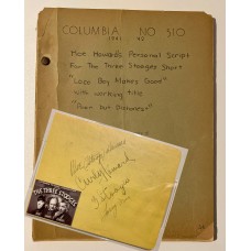 Item #0418 Three Stooges Signed Piece (PSA) + Moe Howard’s “Loco Boy Makes Good” Script