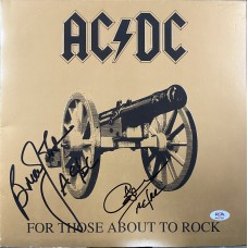 Item #0452 AC/DC Signed "For Those About to Rock" LP – Brian Johnson & Cliff Williams - PSA/DNA Auto 9